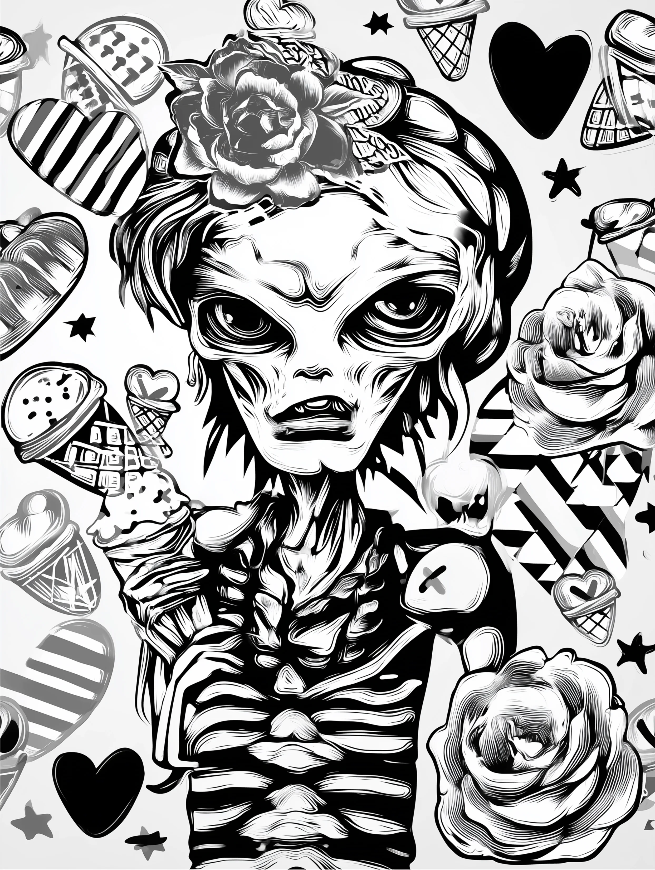 Free printable alien coloring page for adults featuring a grouchy alien holding ice cream